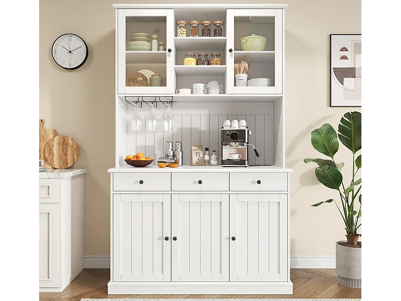 Buffet de cuisine 120x40x191 cm - 5 portes et 3 tiroirs - avec prise électrique et port USB - Porte-verres à vin - Étagères réglables - Blanc