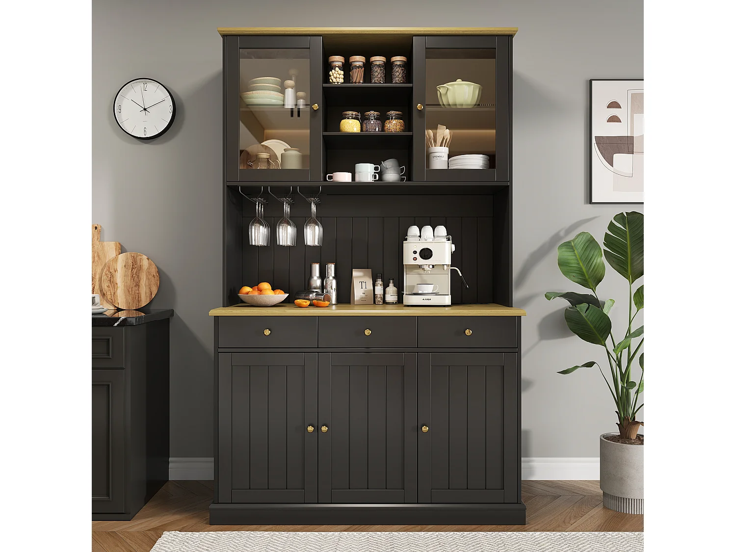 Keukendressoir met 5 deuren, 3 lades en glazenrek, stopcontact - Zwart