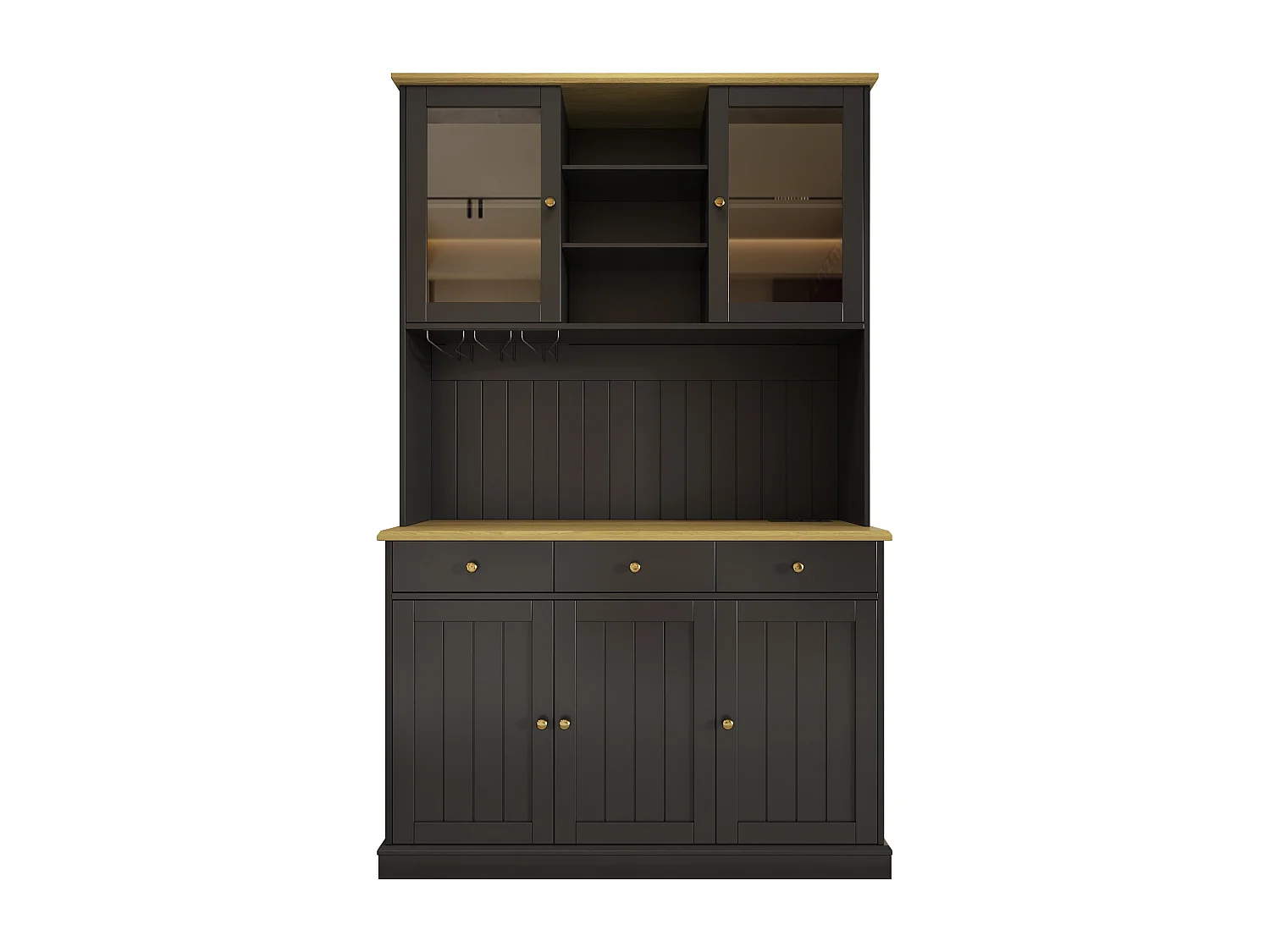 Keukendressoir met 5 deuren, 3 lades en glazenrek, stopcontact - Zwart