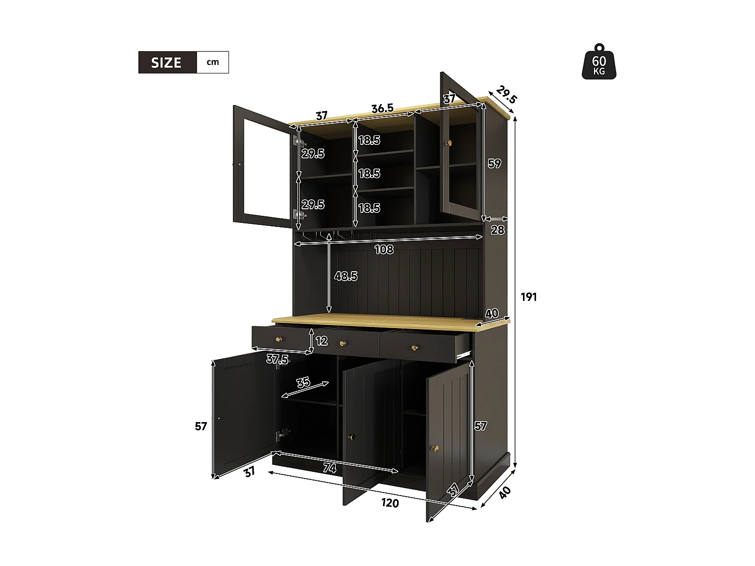 Keukendressoir met 5 deuren, 3 lades en glazenrek, stopcontact - Zwart