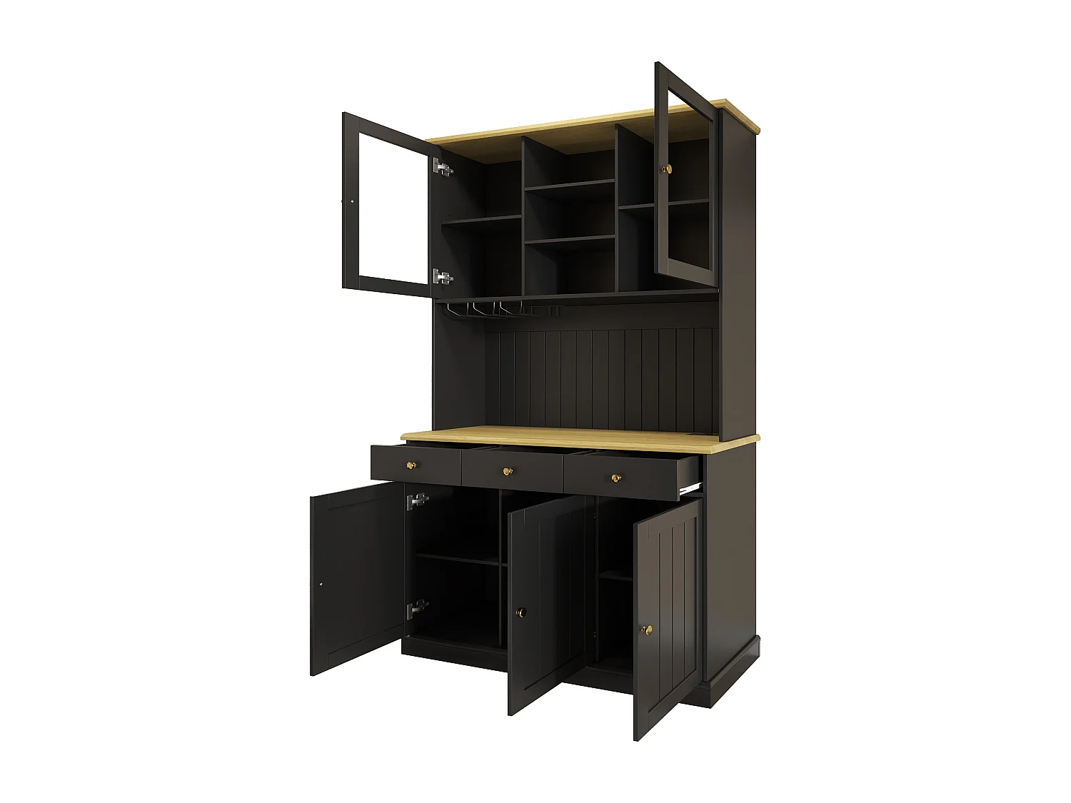 Keukendressoir met 5 deuren, 3 lades en glazenrek, stopcontact - Zwart
