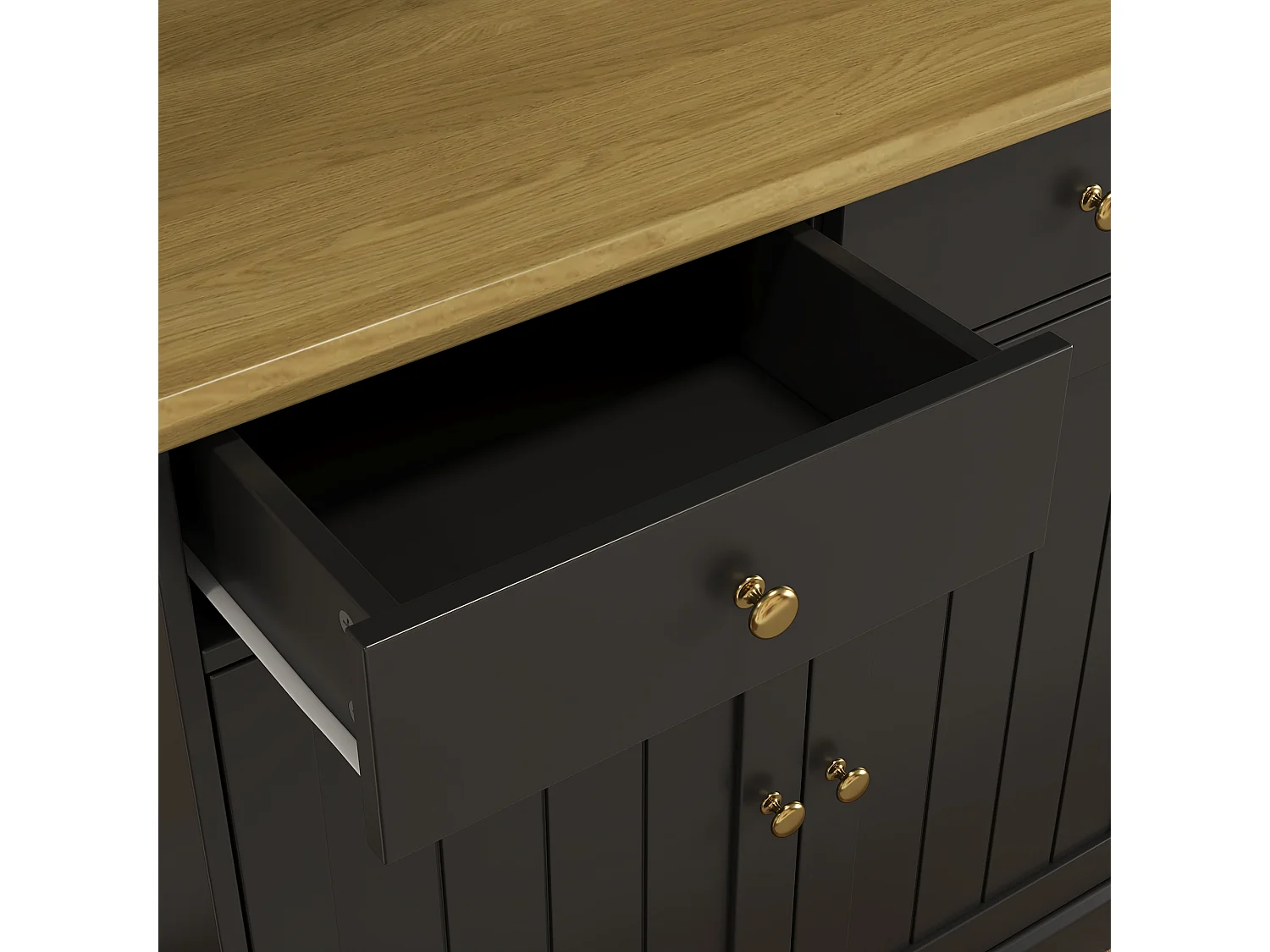 Keukendressoir met 5 deuren, 3 lades en glazenrek, stopcontact - Zwart