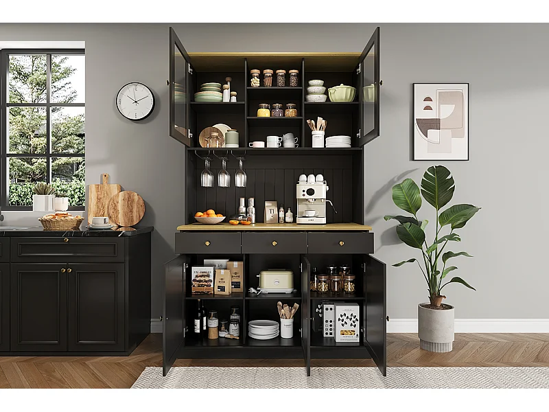 Buffet de cuisine avec 5 portes ,3 tiroirs et porte-verres, prise électrique - Noir