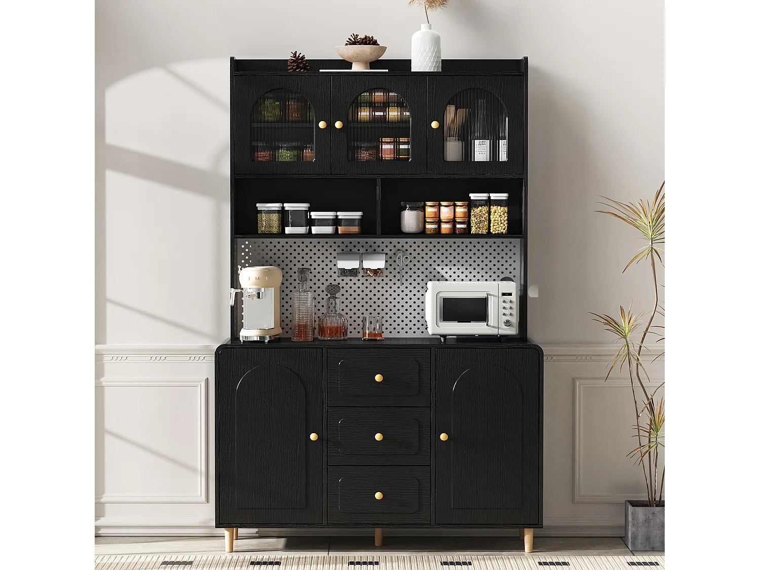 Buffet de cuisine moderne 140x40x190cm - avec des étagères ouvertes - avec 3 tiroirs et 5 portes - Noir