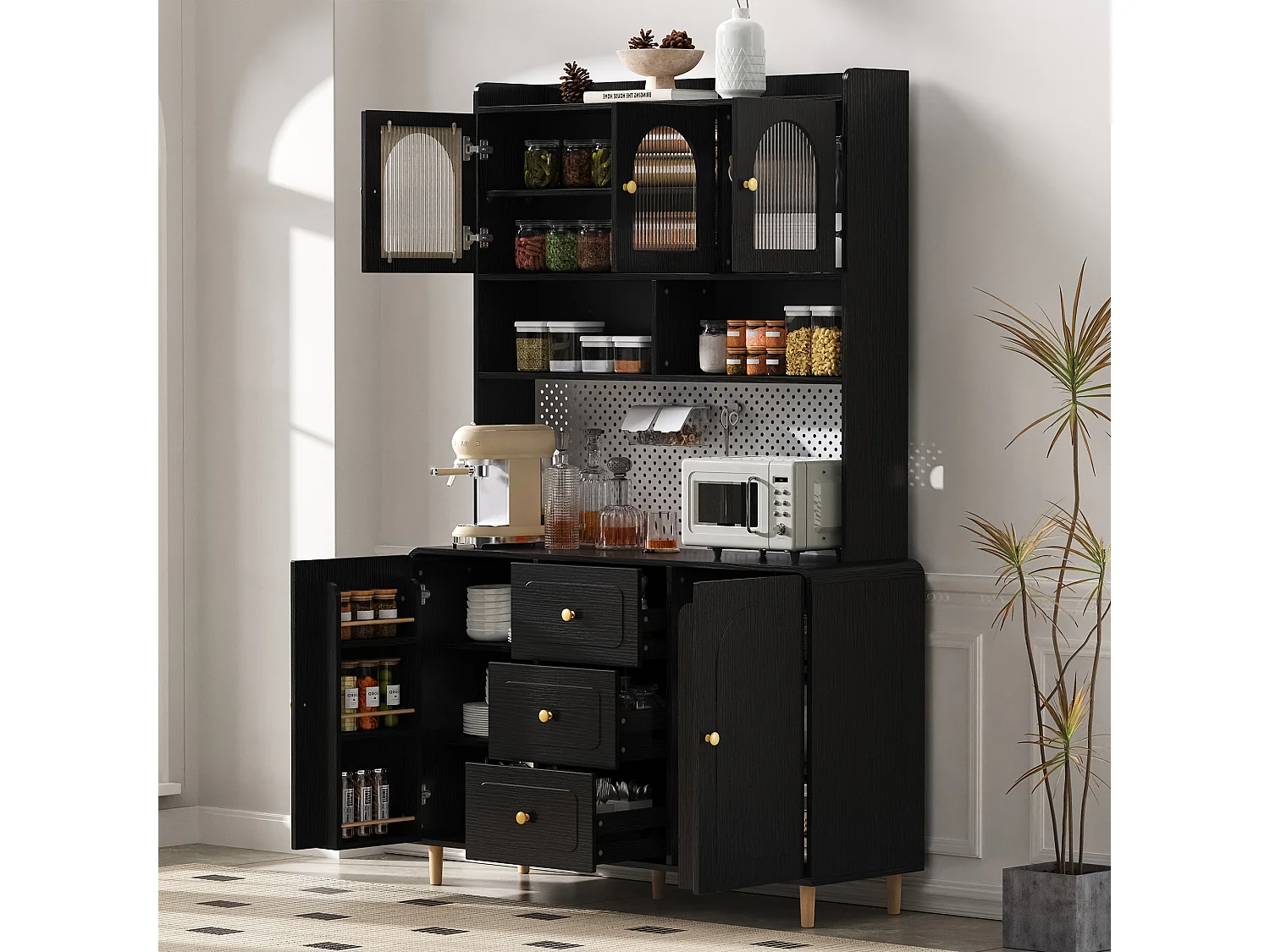 Buffet de cuisine moderne 140x40x190cm - avec des étagères ouvertes - avec 3 tiroirs et 5 portes - Noir