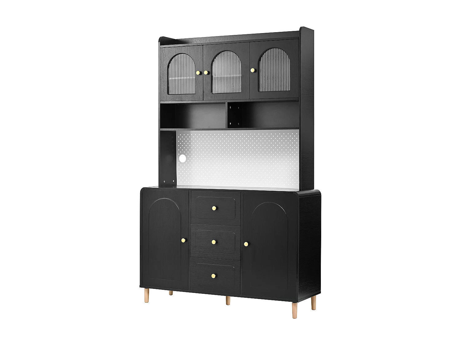 Buffet de cuisine moderne 140x40x190cm - avec des étagères ouvertes - avec 3 tiroirs et 5 portes - Noir