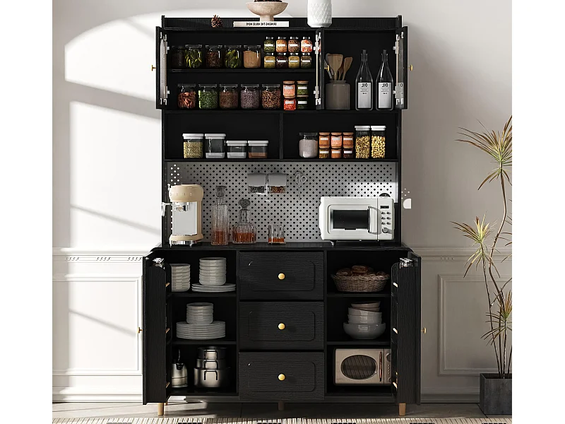 Modernes Küchenbuffet 140x40x190cm - mit offenen Regalen - mit 3 Schubladen und 5 Türen - Schwarz