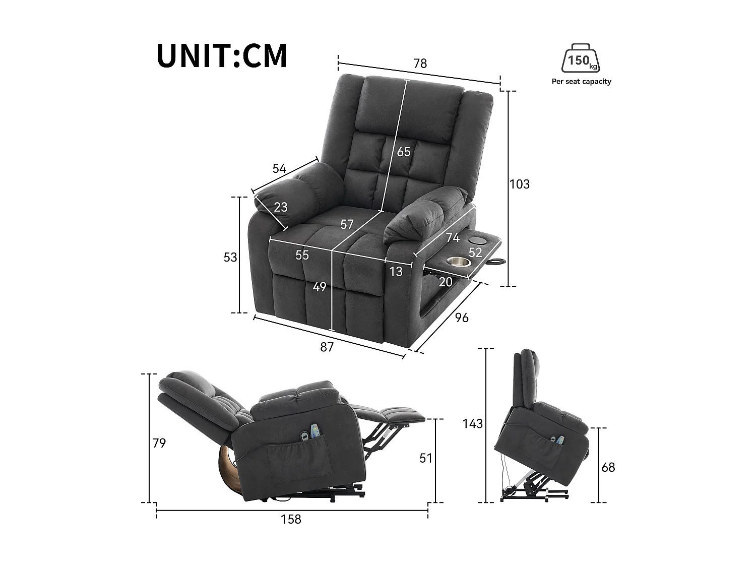 Fauteuil relax électrique avec fonction massage et chauffage - Poches latérales et USB - Gris
