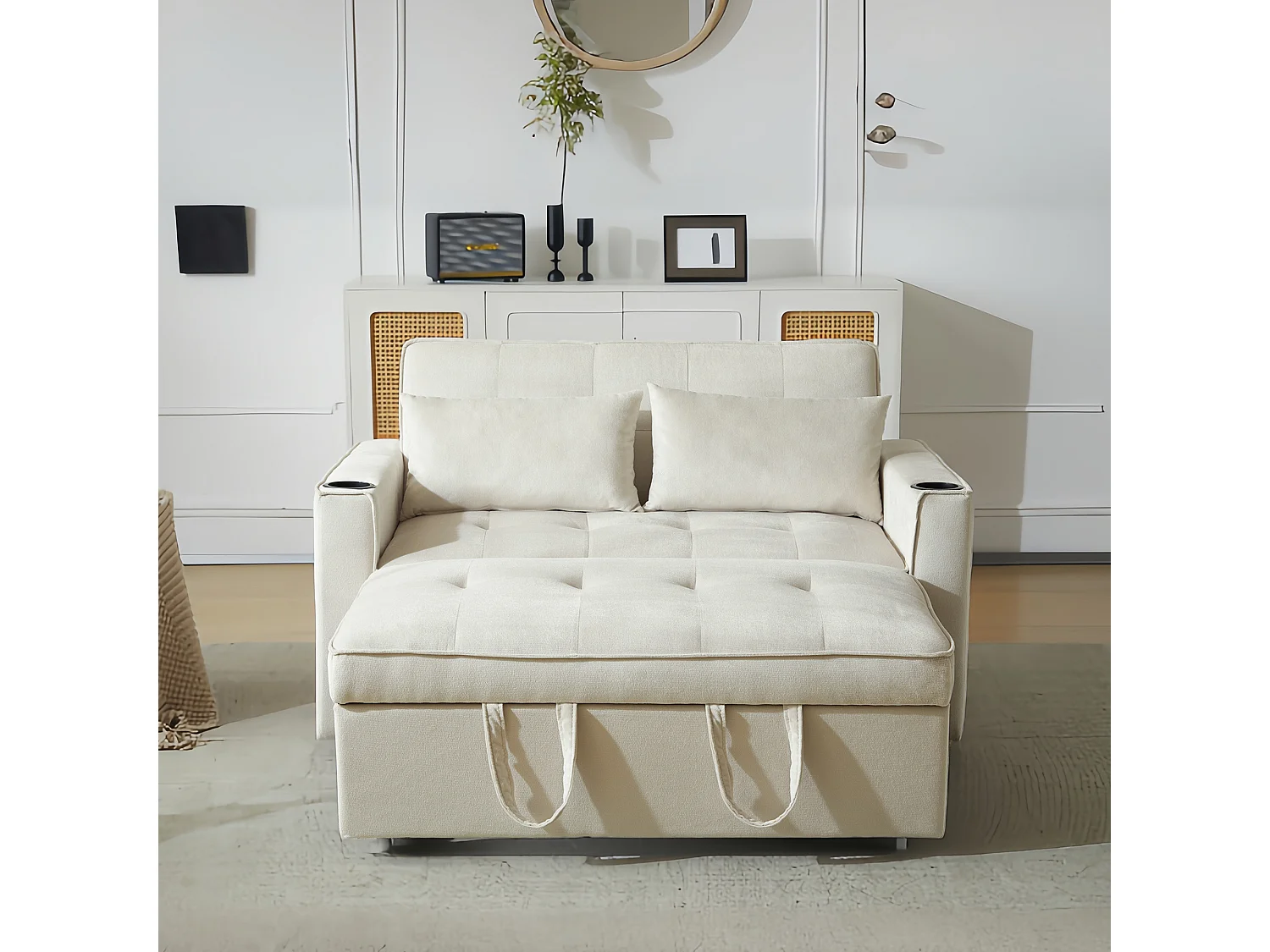 Canapé 2 places convertible avec fonction couchage - Tissu velours- Beige