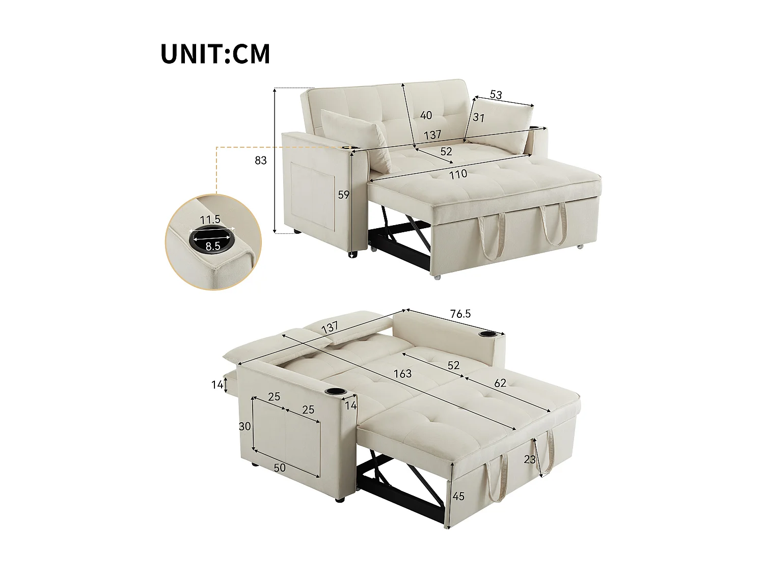 Canapé 2 places convertible avec fonction couchage - Tissu velours- Beige