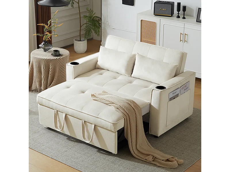 Canapé 2 places convertible avec fonction couchage - Tissu velours- Beige