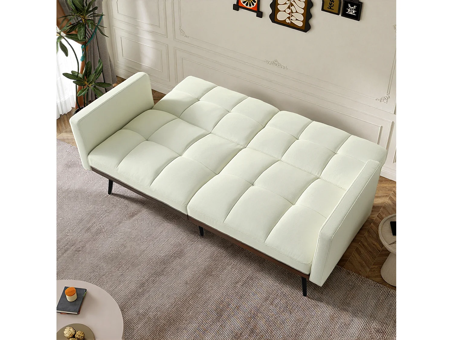 Canapé 2 places convertible avec accoudoirs - Dossier réglable 5 positions - Pieds en métal - Tissu lin beige