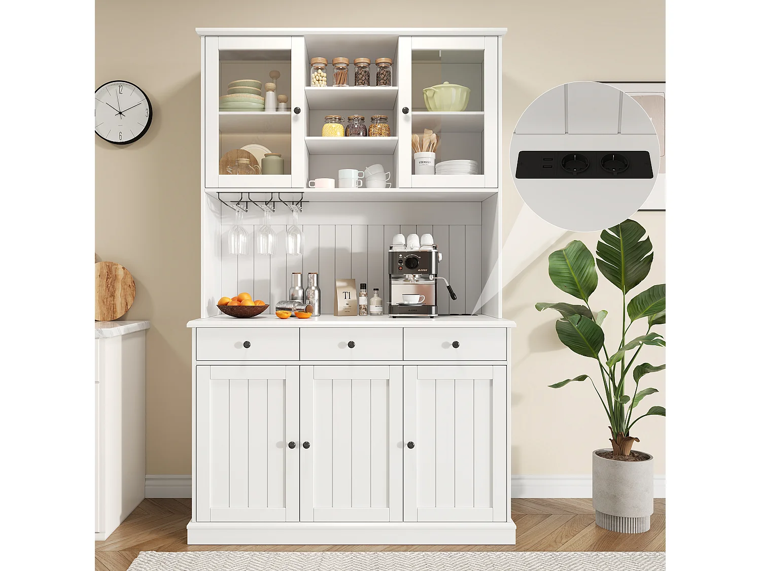 Hohes Esszimmer-Sideboard – 120 x 40 x 191 cm – mit Glastüren, Glasablage, USB-Anschluss und 3 Schubladen – MDF – weiß