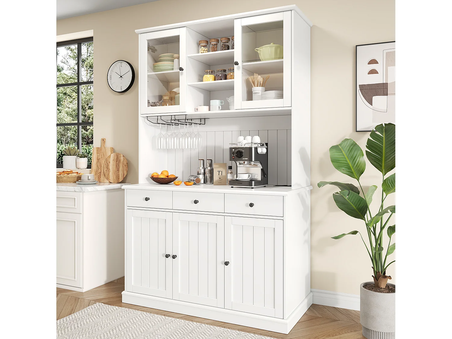 Hohes Esszimmer-Sideboard – 120 x 40 x 191 cm – mit Glastüren, Glasablage, USB-Anschluss und 3 Schubladen – MDF – weiß