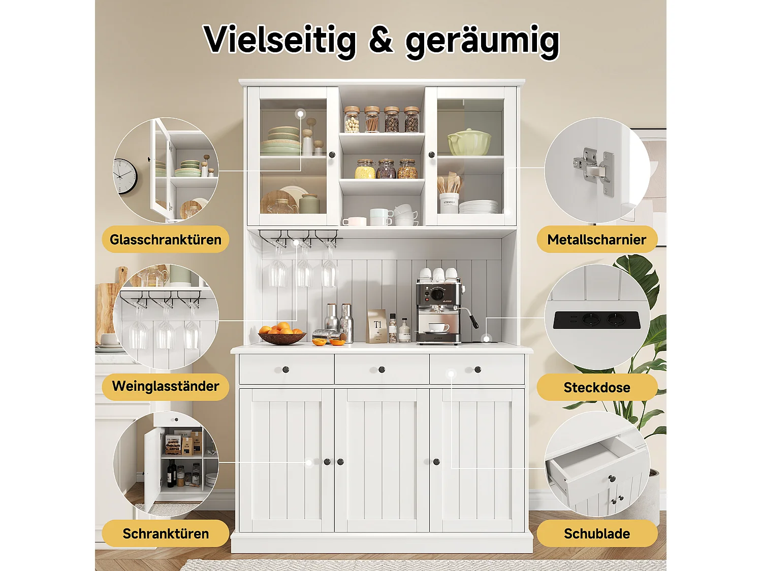 Hohes Esszimmer-Sideboard – 120 x 40 x 191 cm – mit Glastüren, Glasablage, USB-Anschluss und 3 Schubladen – MDF – weiß