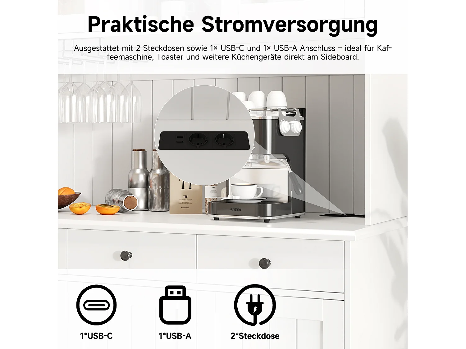 Hohes Esszimmer-Sideboard – 120 x 40 x 191 cm – mit Glastüren, Glasablage, USB-Anschluss und 3 Schubladen – MDF – weiß