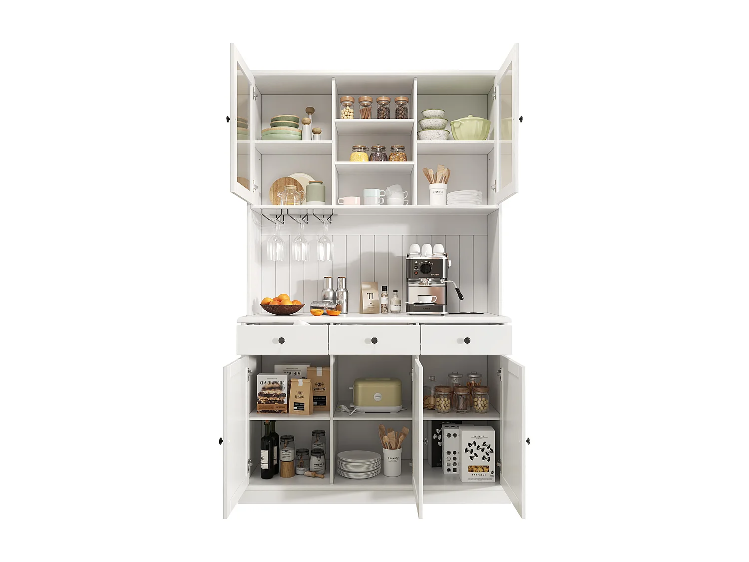 Hohes Esszimmer-Sideboard – 120 x 40 x 191 cm – mit Glastüren, Glasablage, USB-Anschluss und 3 Schubladen – MDF – weiß