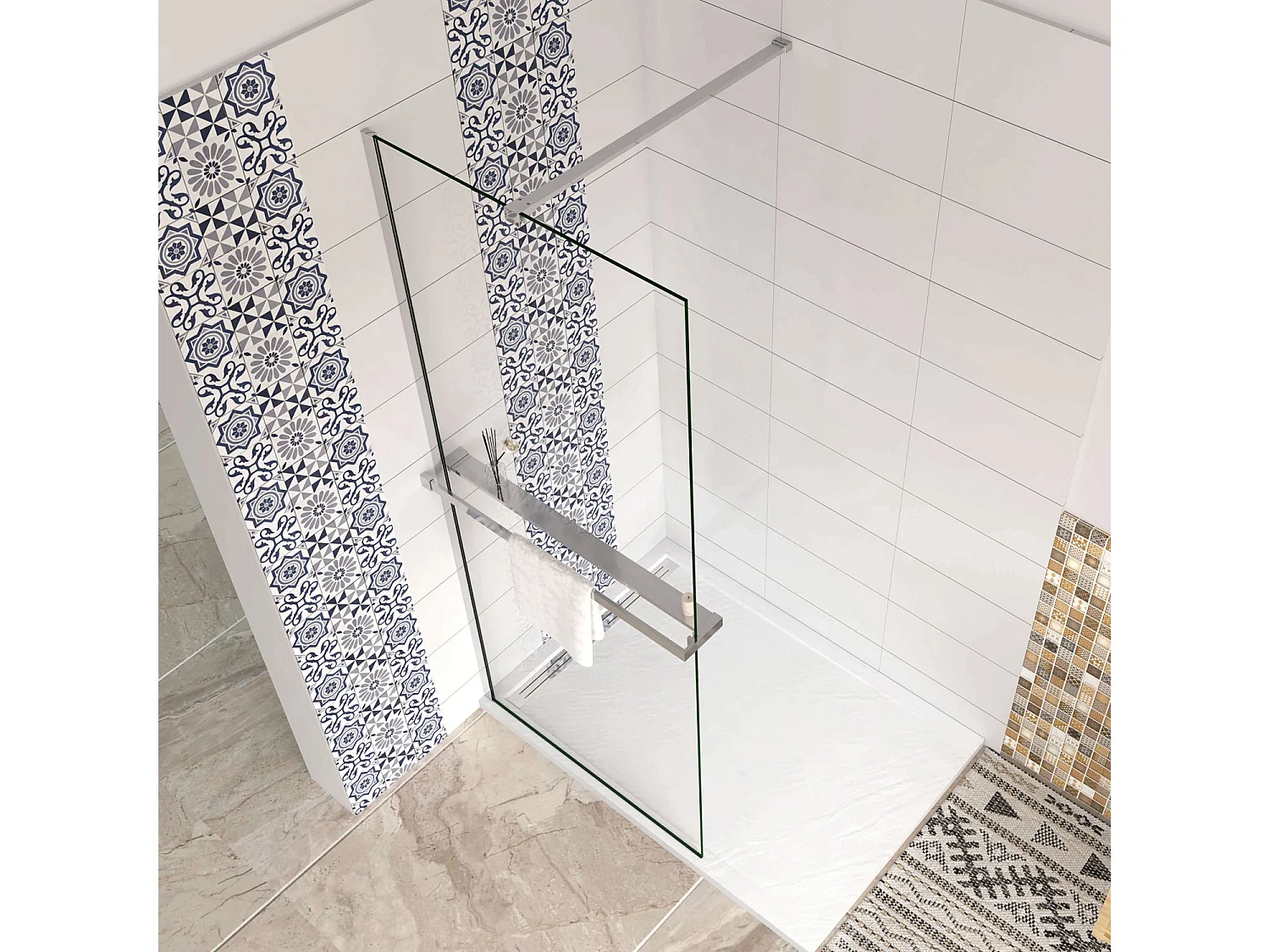 Box Doccia Walk In 90x190 cm Vetro 8 mm Anticalcare Trasparente Barra Stabilizzatrice da 90 cm Mensola Doccia 90 cm