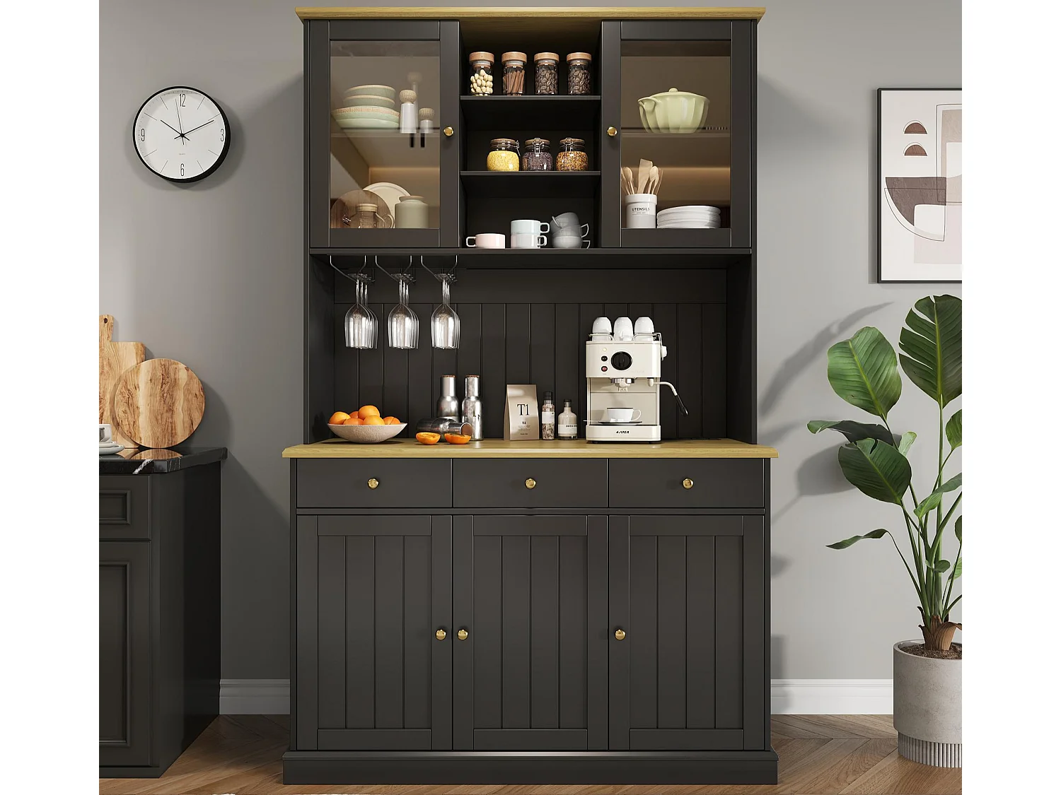 Buffet de cuisine 120x40x191 cm - 5 portes et 3 tiroirs - avec prise électrique et port USB - Porte-verres à vin - Étagères réglables - Noir