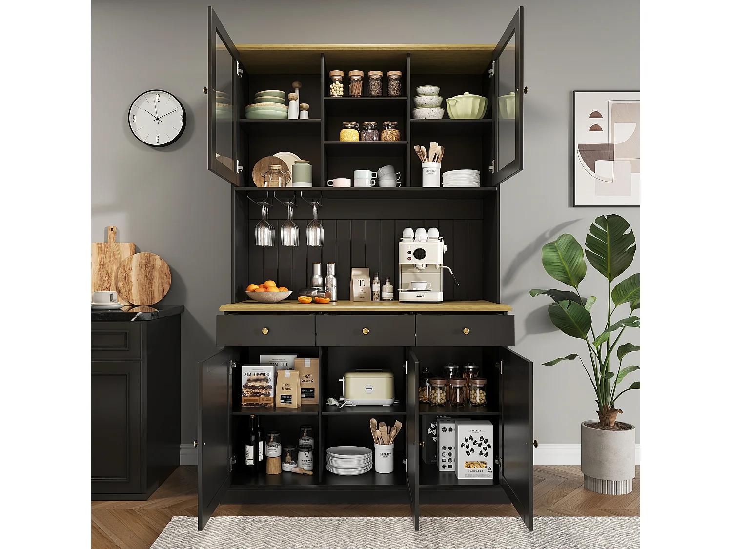 Buffet de cuisine 120x40x191 cm - 5 portes et 3 tiroirs - avec prise électrique et port USB - Porte-verres à vin - Étagères réglables - Noir