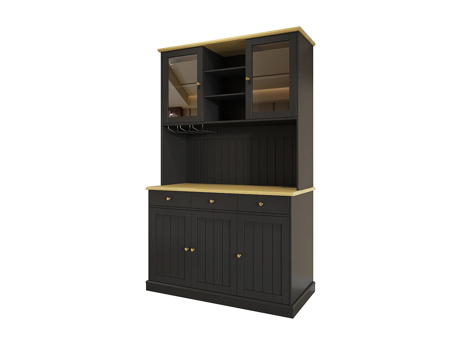 Buffet de cuisine 120x40x191 cm - 5 portes et 3 tiroirs - avec prise électrique et port USB - Porte-verres à vin - Étagères réglables - Noir