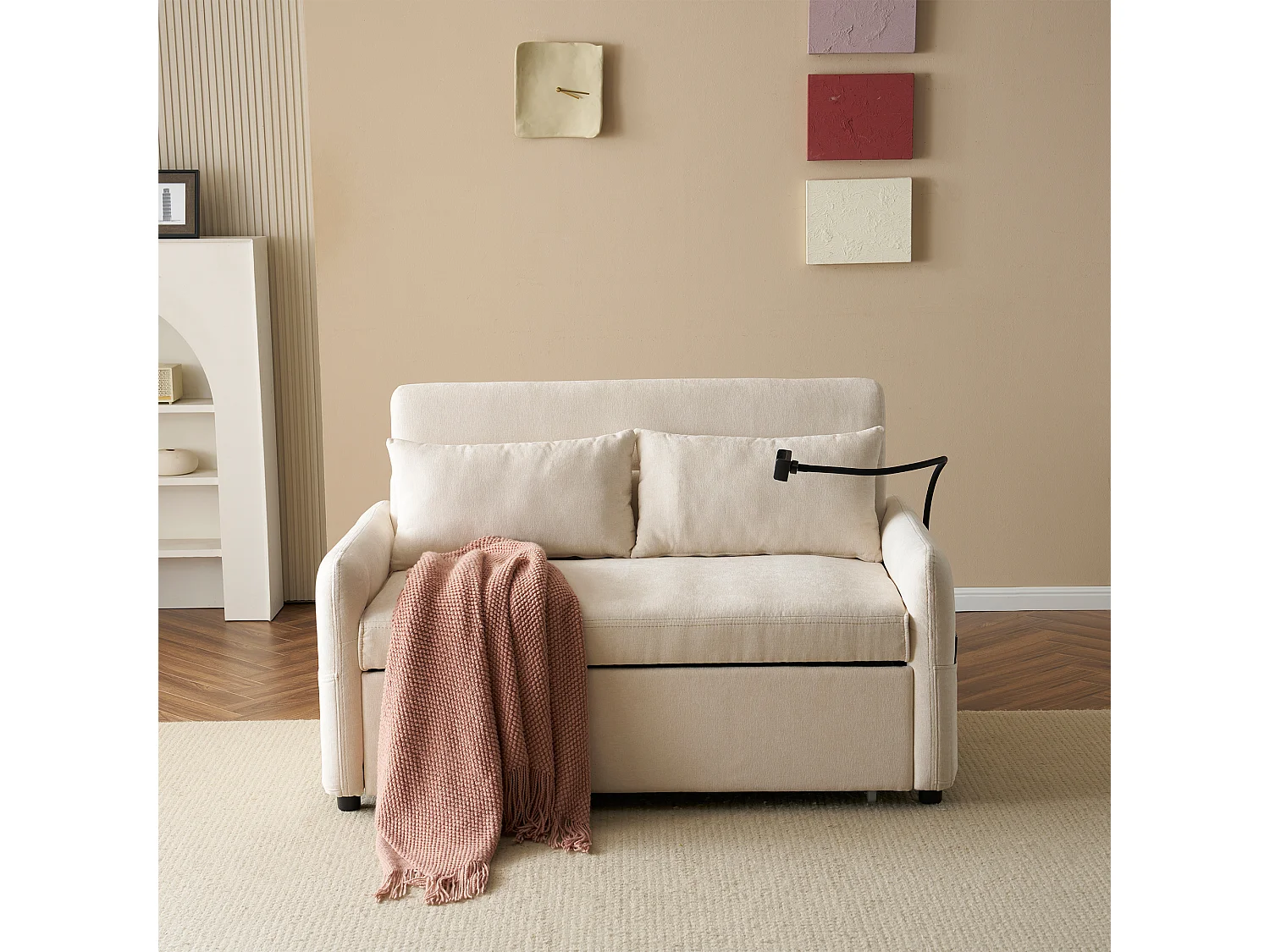 Canapé 2 places convertible avec USB et dossier réglable - Canapé-lit en chenille - Beige