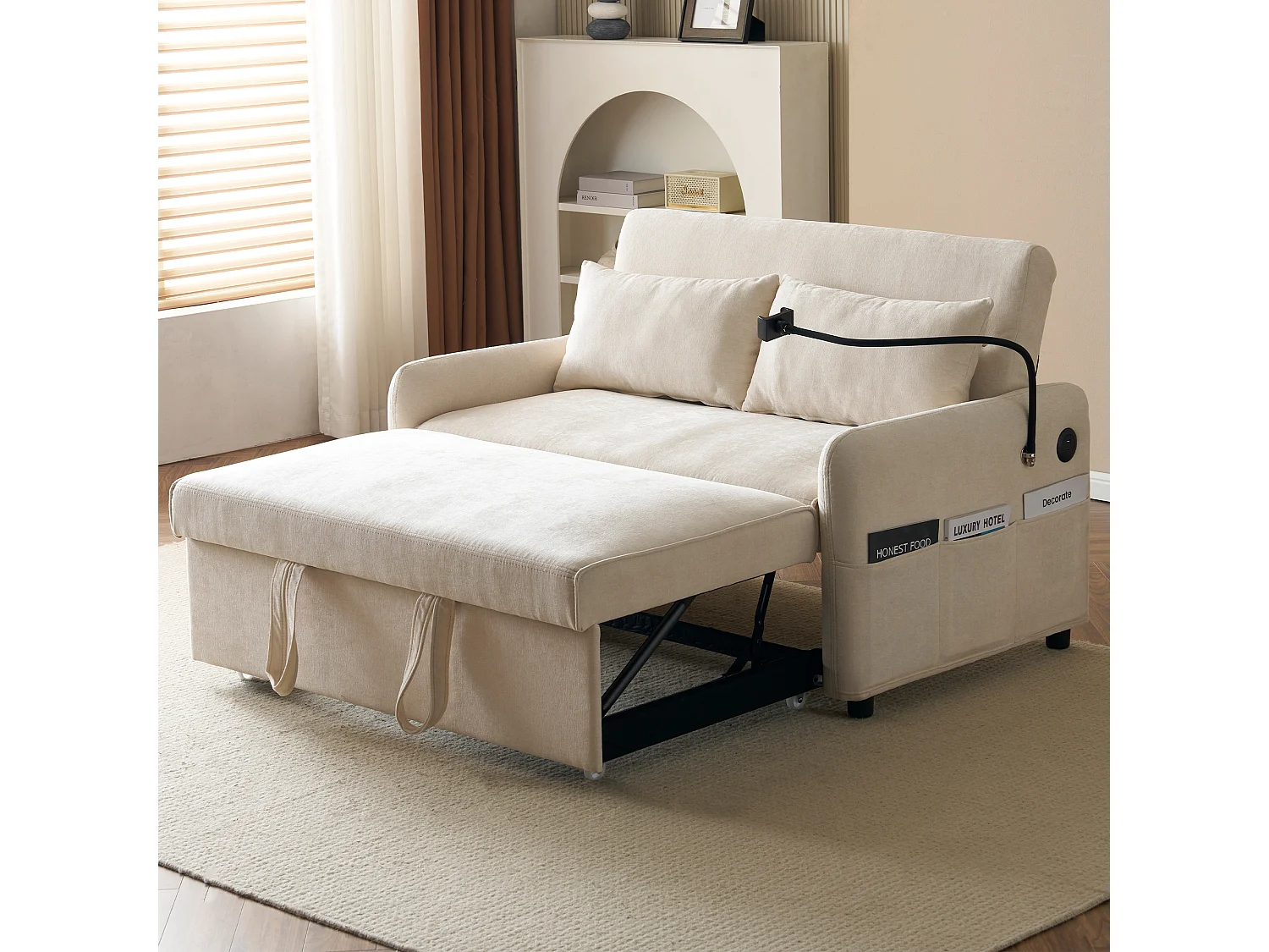 Canapé 2 places convertible avec USB et dossier réglable - Canapé-lit en chenille - Beige