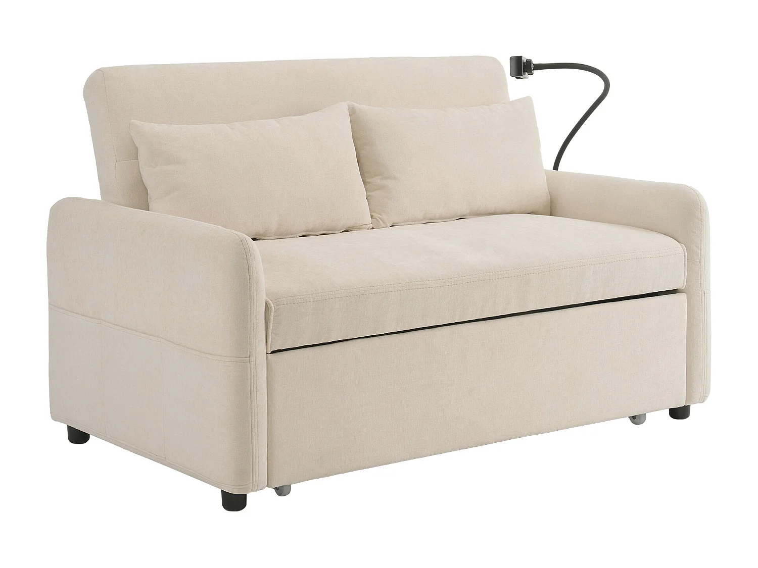 Canapé 2 places convertible avec USB et dossier réglable - Canapé-lit en chenille - Beige