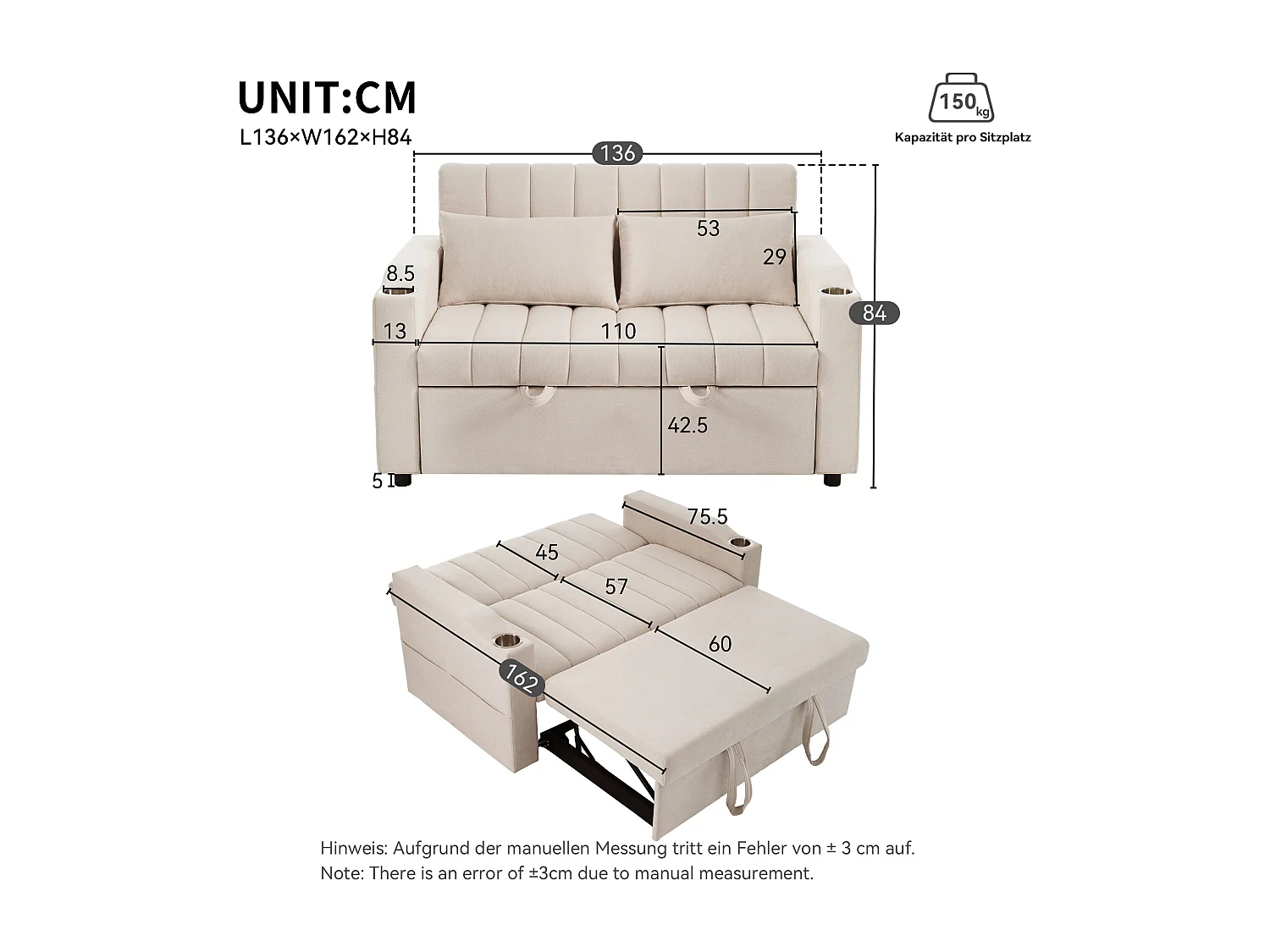 Canapé 2 places convertible avec dossier réglable - Canapé-lit en tissu lin et coton - Beige