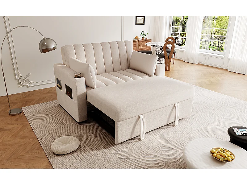 Canapé 2 places convertible avec dossier réglable - Canapé-lit en tissu lin et coton - Beige