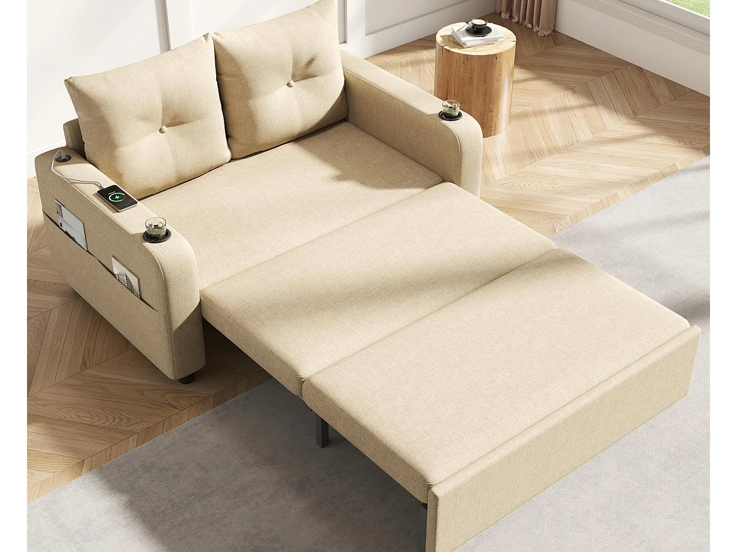 Canapé-lit 2 places 3 en 1 - Modèle dépliable - Porte-gobelet et poche latérale - Coussin de dossier - Port USB - coton et lin - Beige