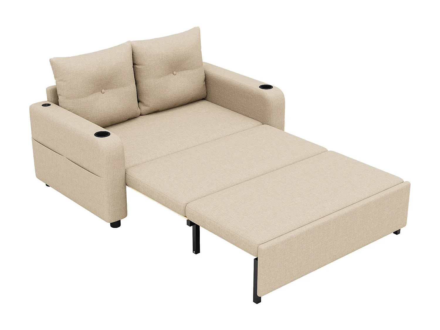 Canapé-lit 2 places 3 en 1 - Modèle dépliable - Porte-gobelet et poche latérale - Coussin de dossier - Port USB - coton et lin - Beige