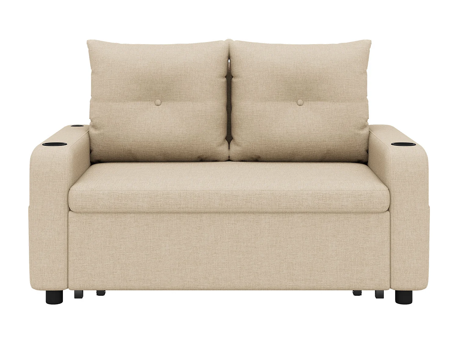 Canapé-lit 2 places 3 en 1 - Modèle dépliable - Porte-gobelet et poche latérale - Coussin de dossier - Port USB - coton et lin - Beige