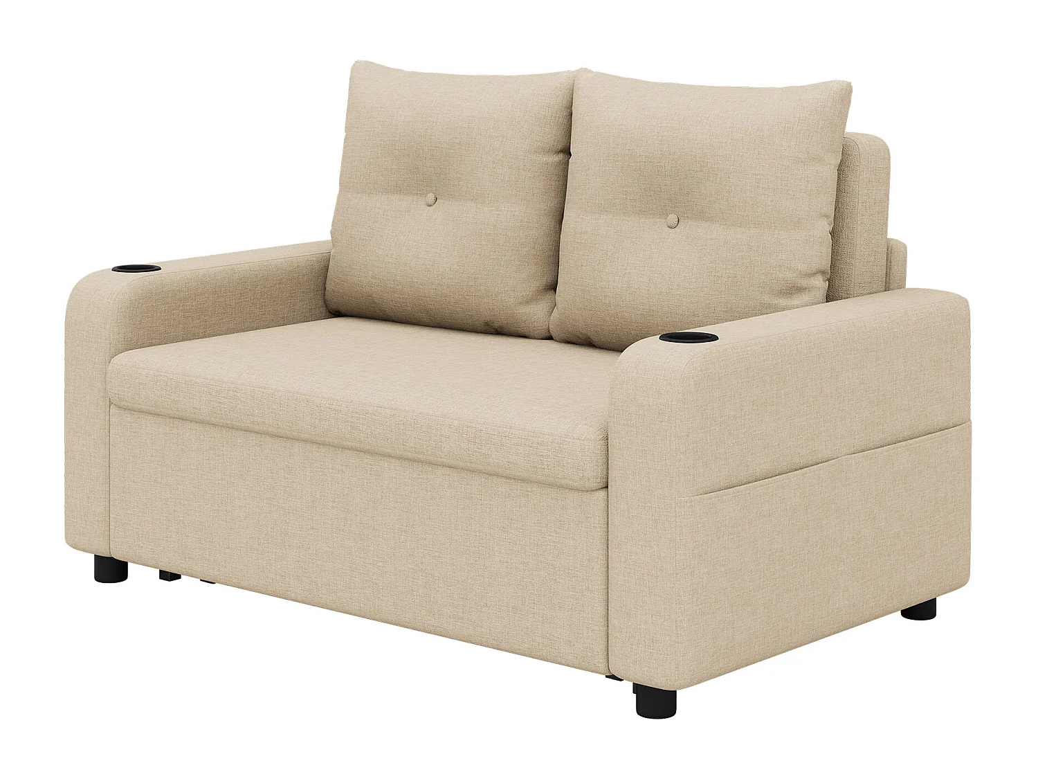 Canapé-lit 2 places 3 en 1 - Modèle dépliable - Porte-gobelet et poche latérale - Coussin de dossier - Port USB - coton et lin - Beige