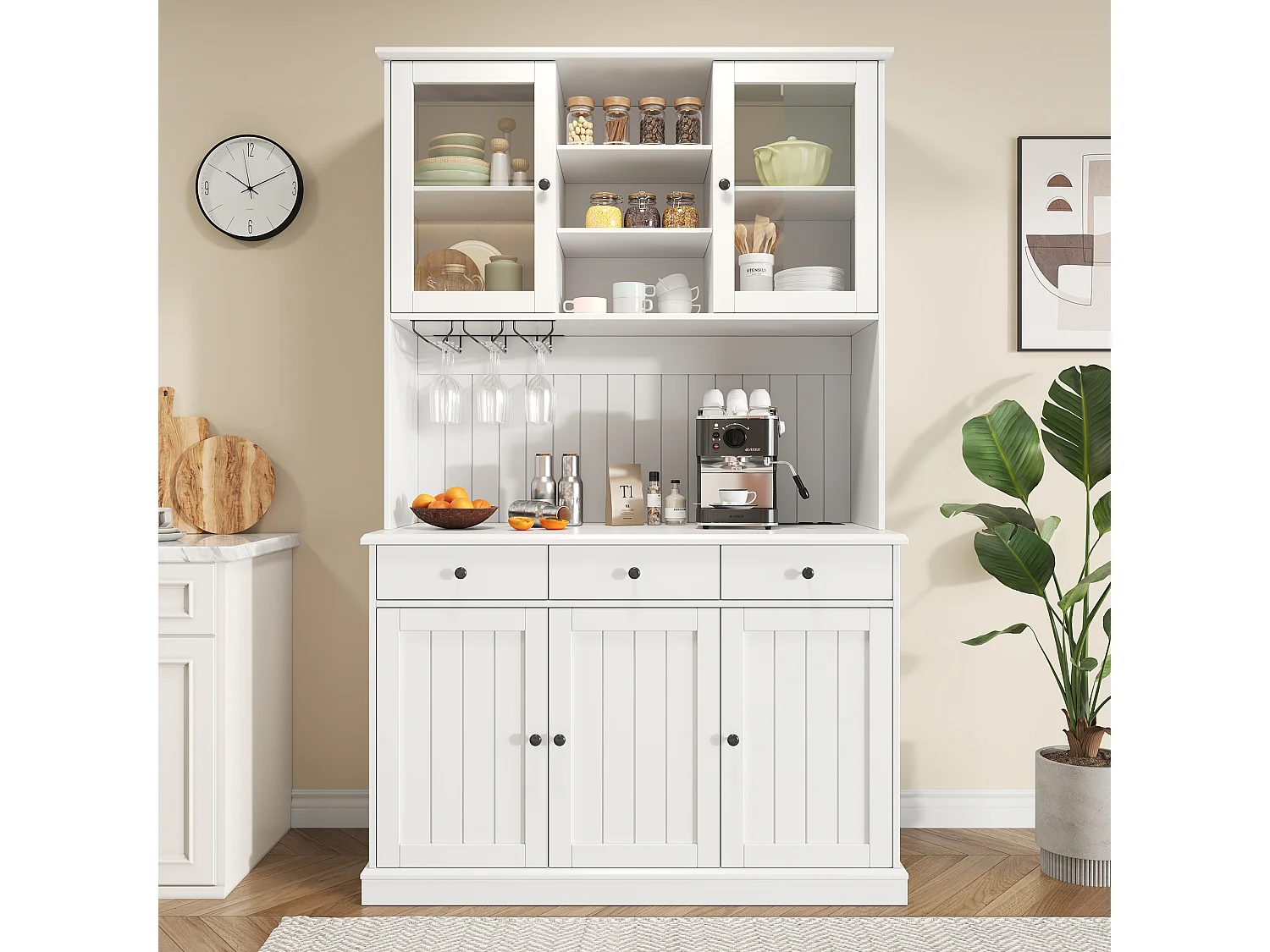 Buffet de cuisine avec 5 portes ,3 tiroirs et porte-verres, prise électrique - Blanc