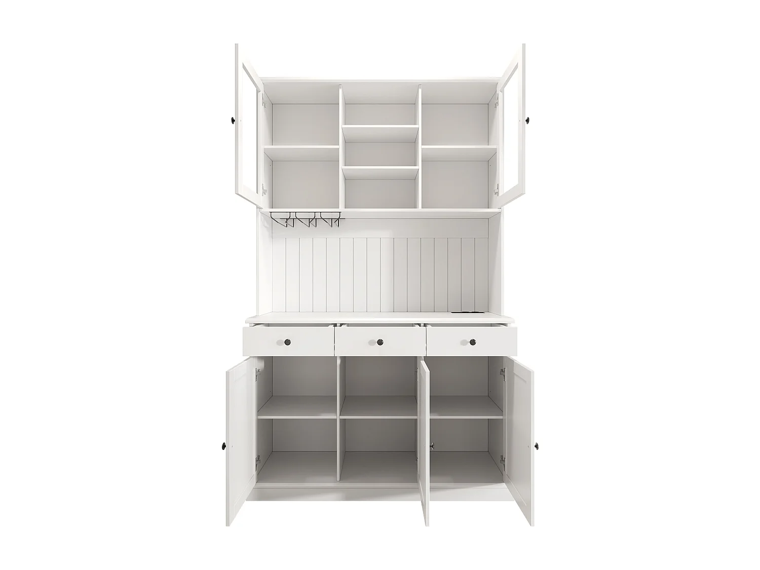 Buffet de cuisine avec 5 portes ,3 tiroirs et porte-verres, prise électrique - Blanc