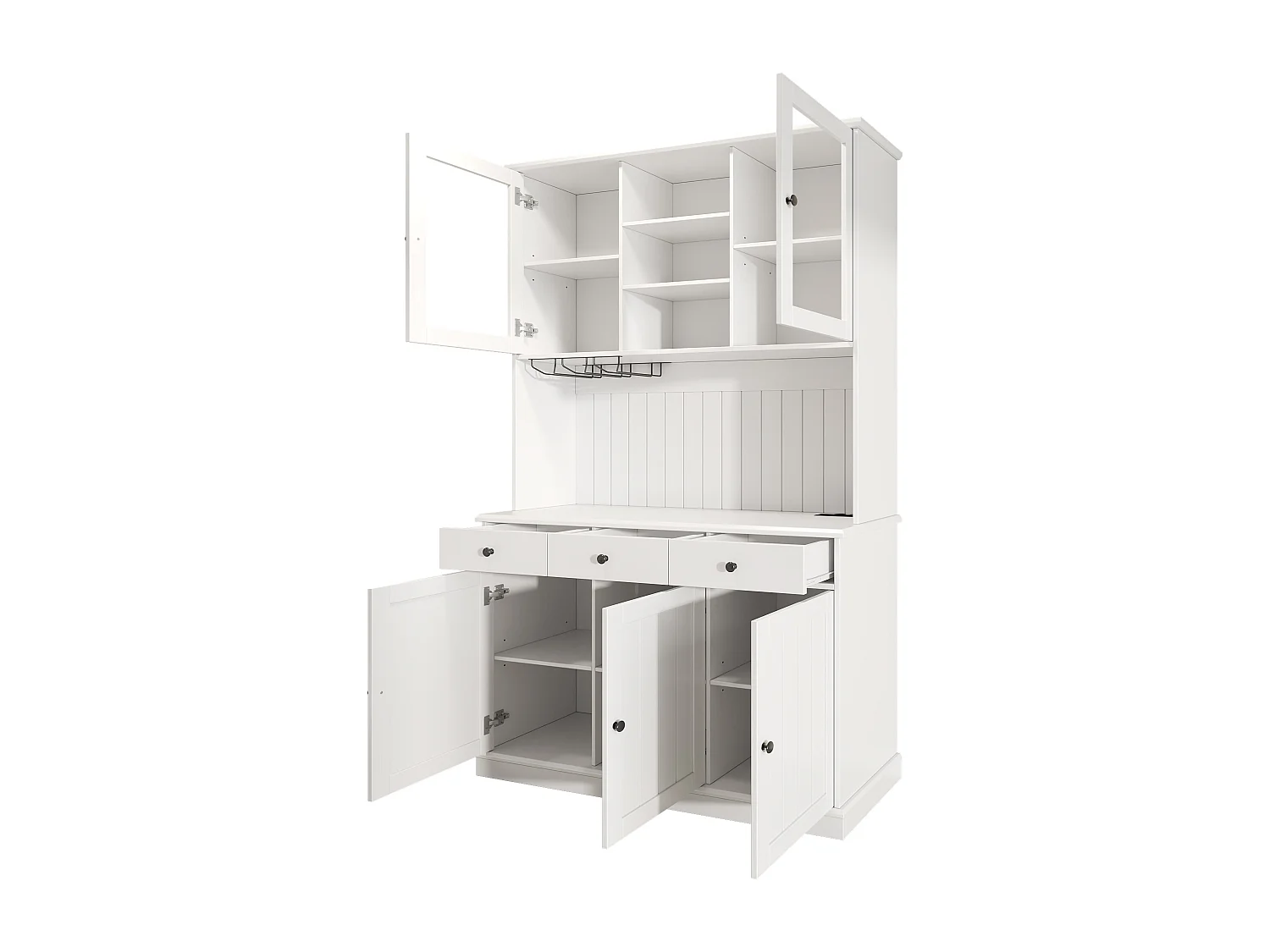 Buffet de cuisine avec 5 portes ,3 tiroirs et porte-verres, prise électrique - Blanc