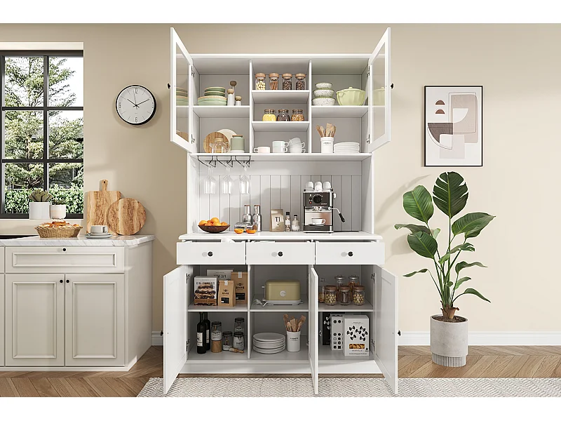 Buffet de cuisine avec 5 portes ,3 tiroirs et porte-verres, prise électrique - Blanc