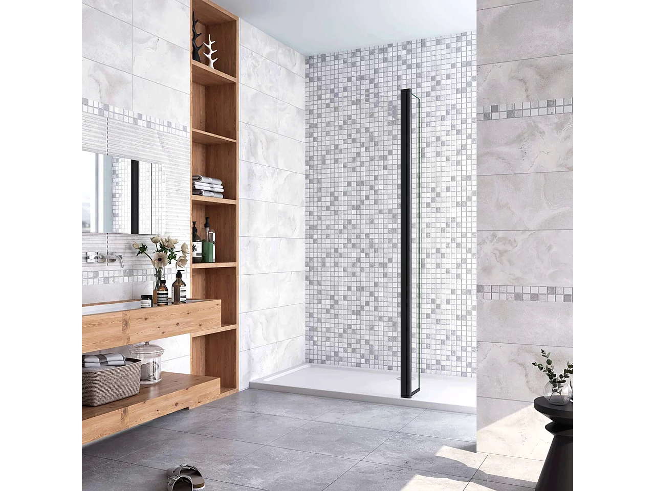 40x200 cm Doccia Walk In Paretina Movibile Paraspruzzo Vetro Temperato da 8 mm Trasparente Anticalcare Telaio Nero Opaco
