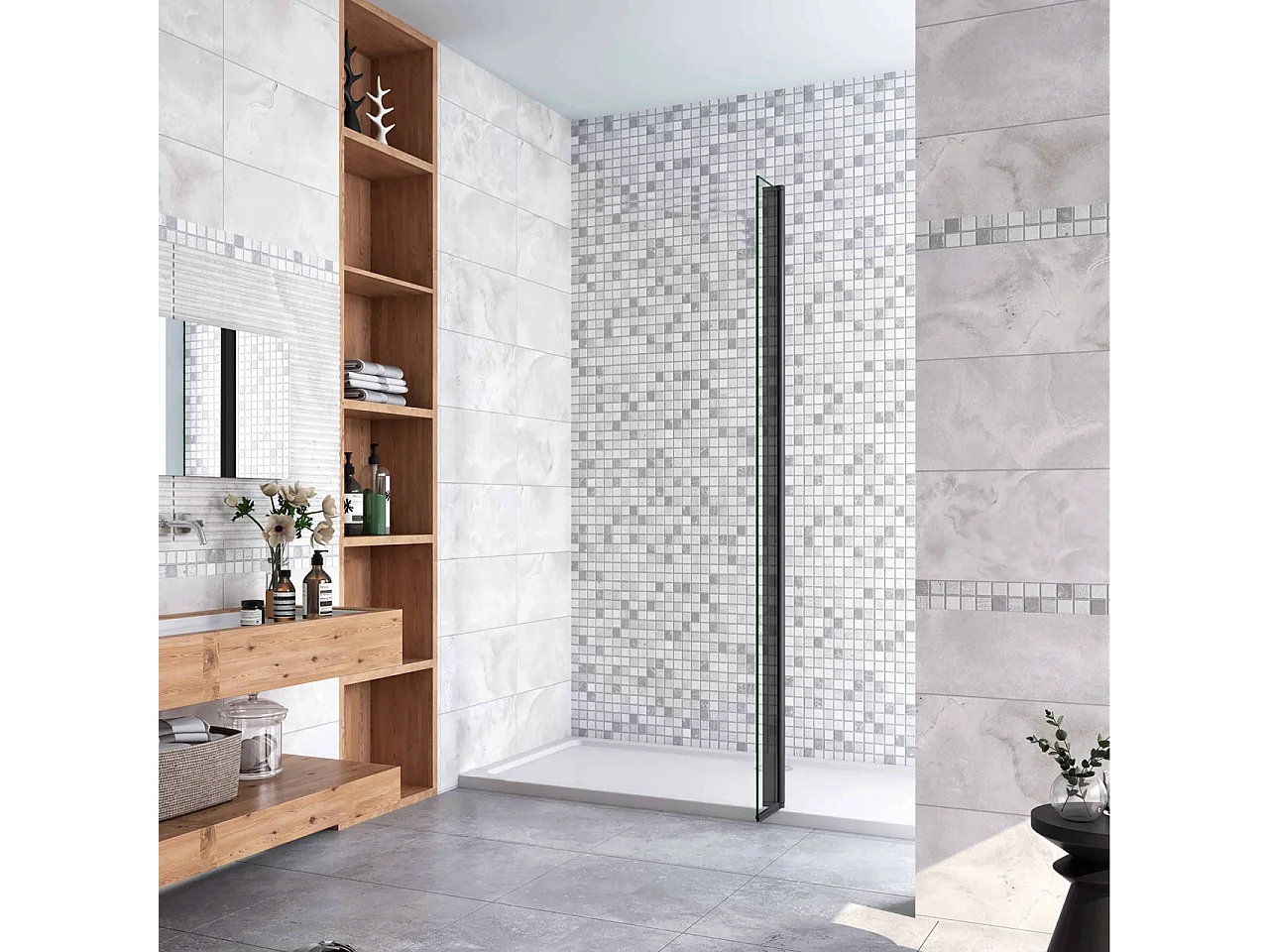 40x200 cm Doccia Walk In Paretina Movibile Paraspruzzo Vetro Temperato da 8 mm Trasparente Anticalcare Telaio Nero Opaco