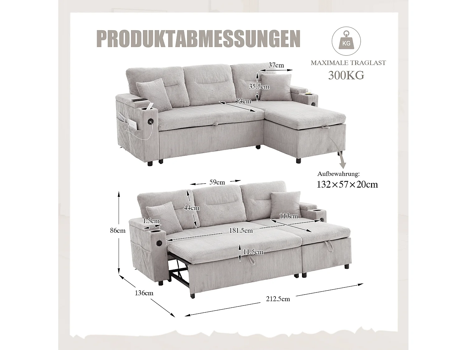 Canapé convertible 3 places - 212.5 x 136 x 86 cm - avec porte-gobelets + USB + rangement - canapé gigogne - lin - gris clair