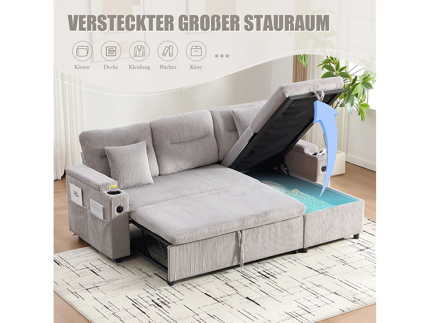 Canapé convertible 3 places - 212.5 x 136 x 86 cm - avec porte-gobelets + USB + rangement - canapé gigogne - lin - gris clair