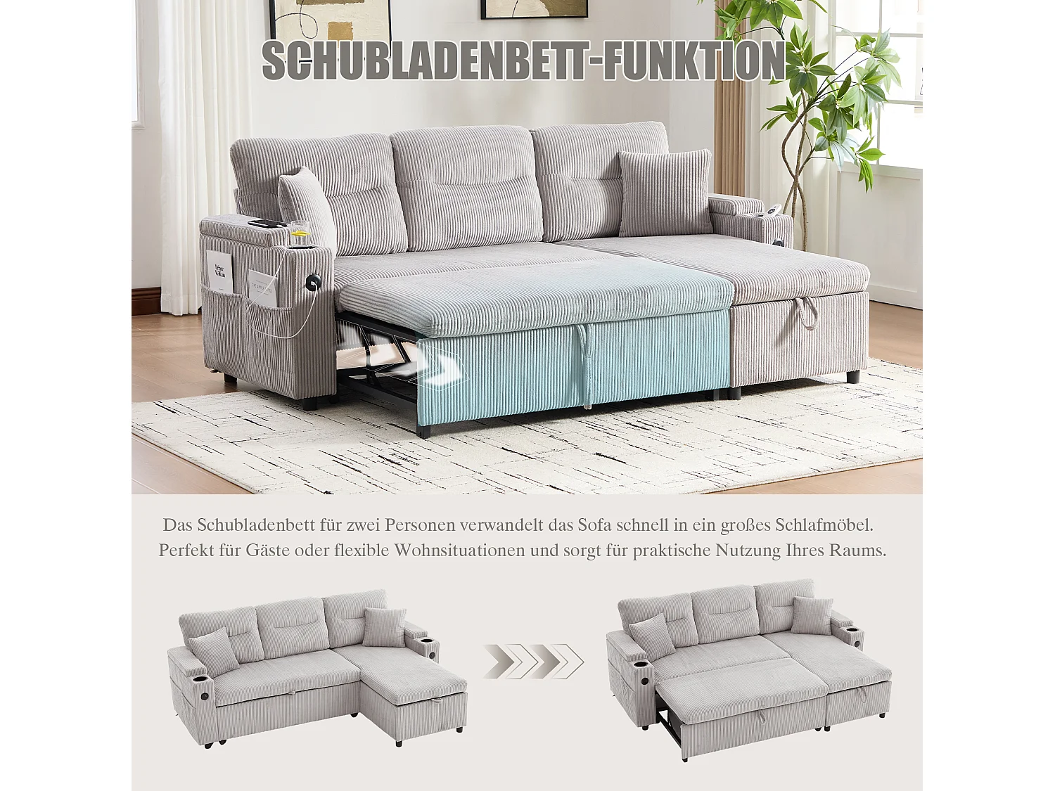 Canapé convertible 3 places - 212.5 x 136 x 86 cm - avec porte-gobelets + USB + rangement - canapé gigogne - lin - gris clair