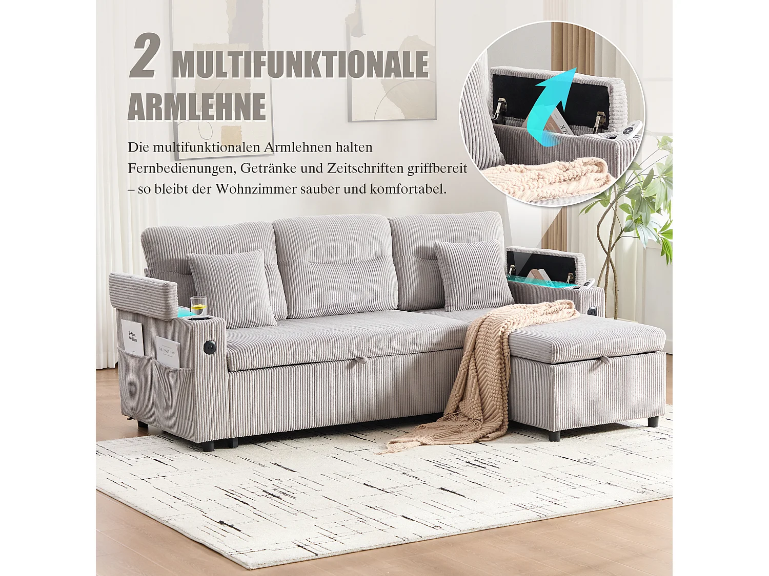 Canapé convertible 3 places - 212.5 x 136 x 86 cm - avec porte-gobelets + USB + rangement - canapé gigogne - lin - gris clair