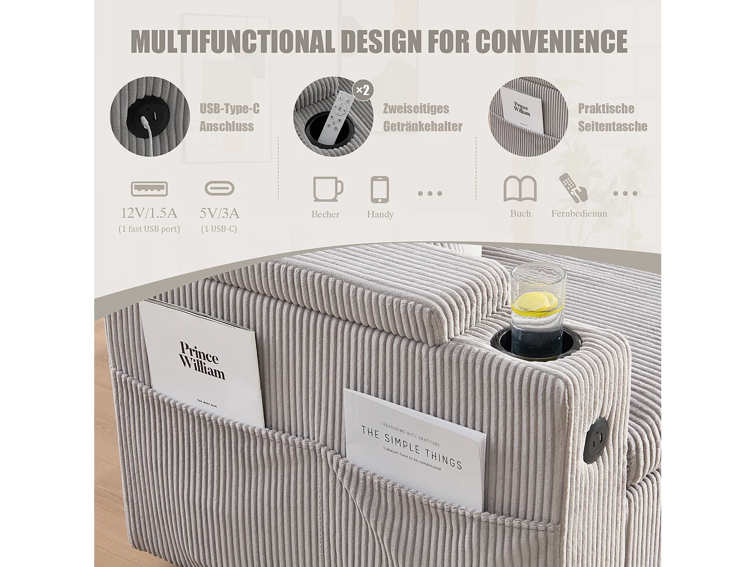 Canapé convertible 3 places - 212.5 x 136 x 86 cm - avec porte-gobelets + USB + rangement - canapé gigogne - lin - gris clair
