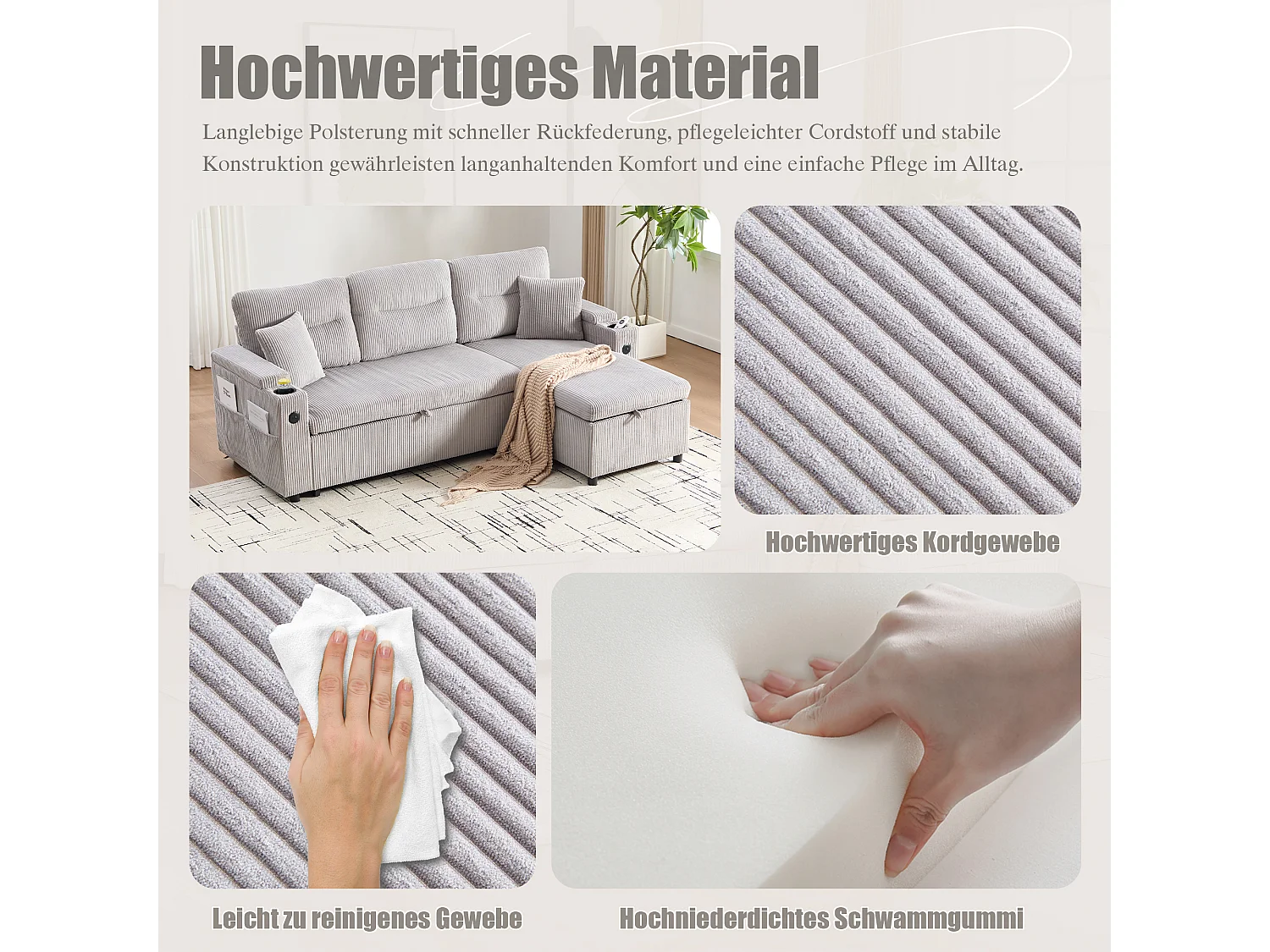 Canapé convertible 3 places - 212.5 x 136 x 86 cm - avec porte-gobelets + USB + rangement - canapé gigogne - lin - gris clair