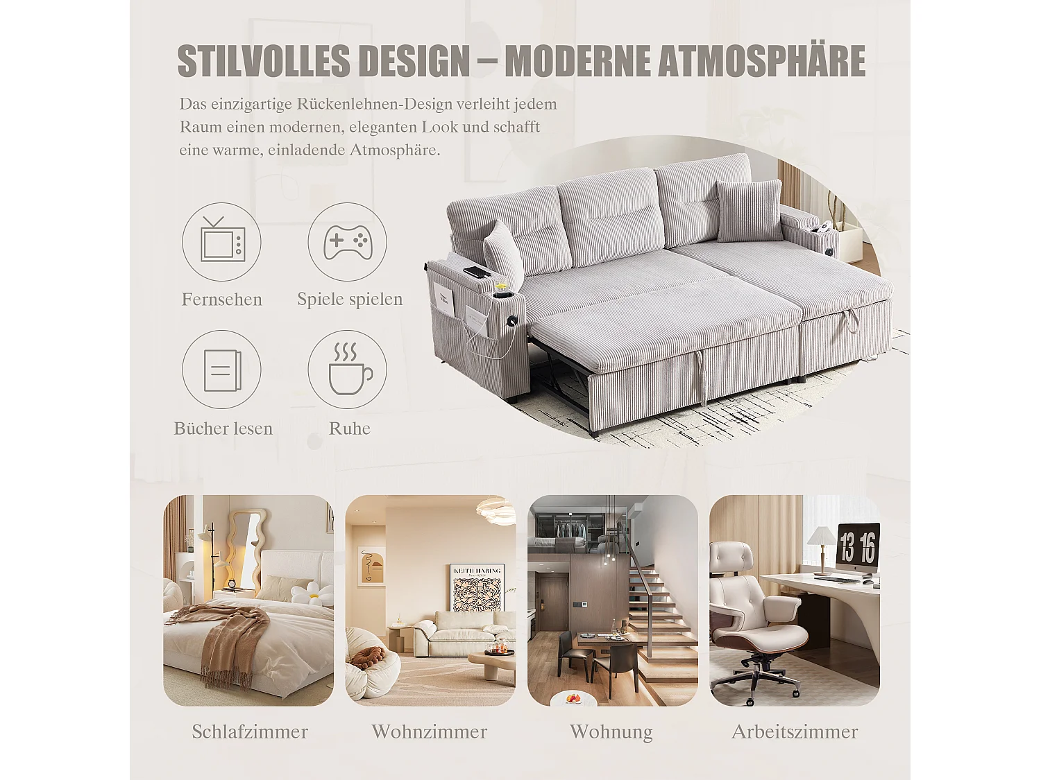 Canapé convertible 3 places - 212.5 x 136 x 86 cm - avec porte-gobelets + USB + rangement - canapé gigogne - lin - gris clair