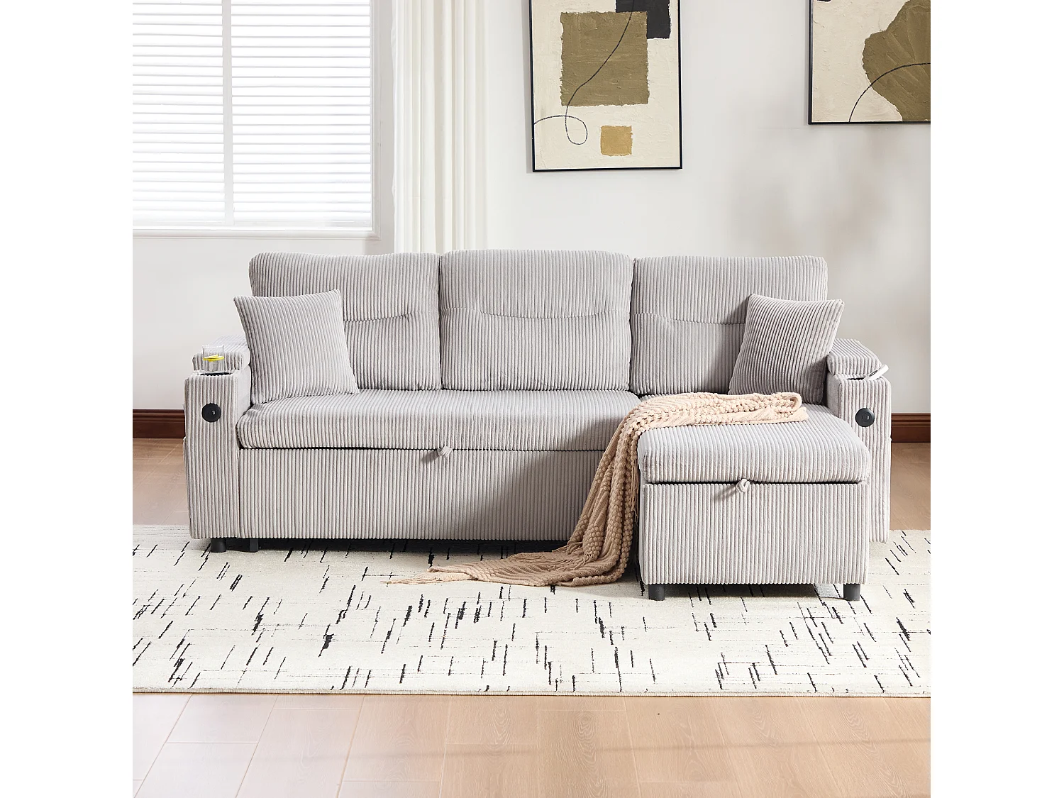 Canapé convertible 3 places - 212.5 x 136 x 86 cm - avec porte-gobelets + USB + rangement - canapé gigogne - lin - gris clair