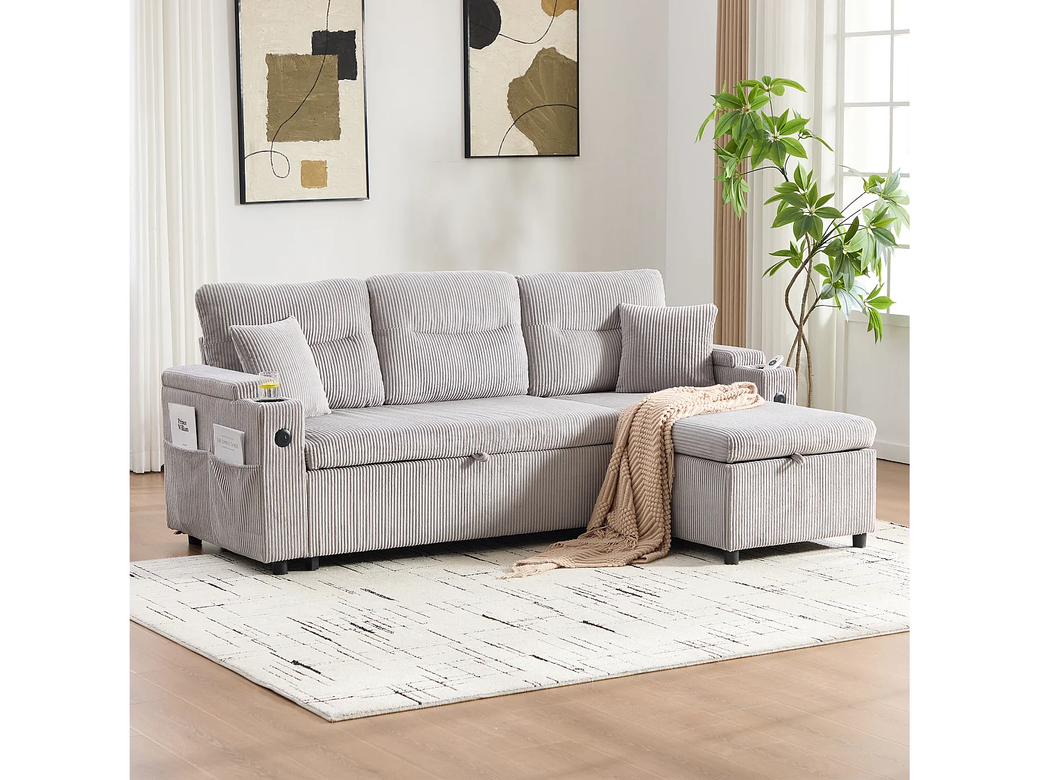 Canapé convertible 3 places - 212.5 x 136 x 86 cm - avec porte-gobelets + USB + rangement - canapé gigogne - lin - gris clair