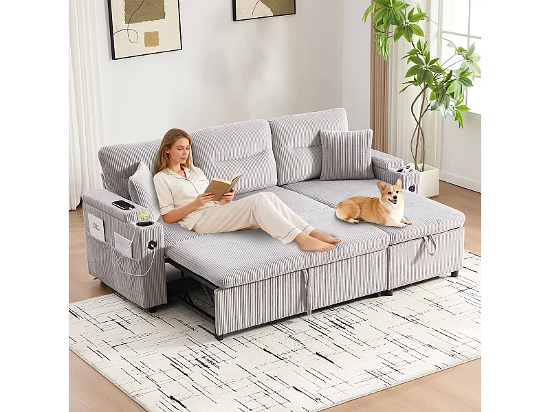 Canapé convertible 3 places - 212.5 x 136 x 86 cm - avec porte-gobelets + USB + rangement - canapé gigogne - lin - gris clair